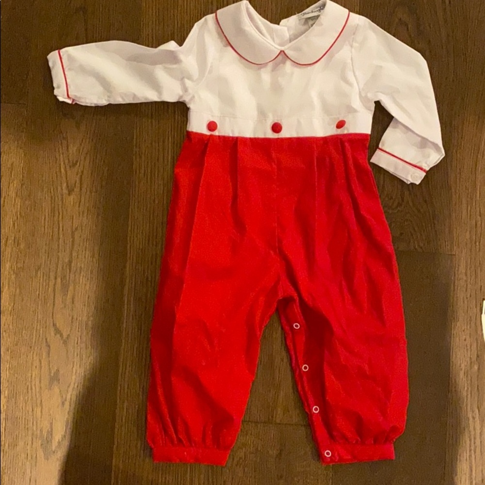Smockingbird red and white long romper 24m